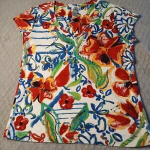 Chicos Size 1(US Size M) 100% Cotton Colorful Short Sleeve V-neck EUC